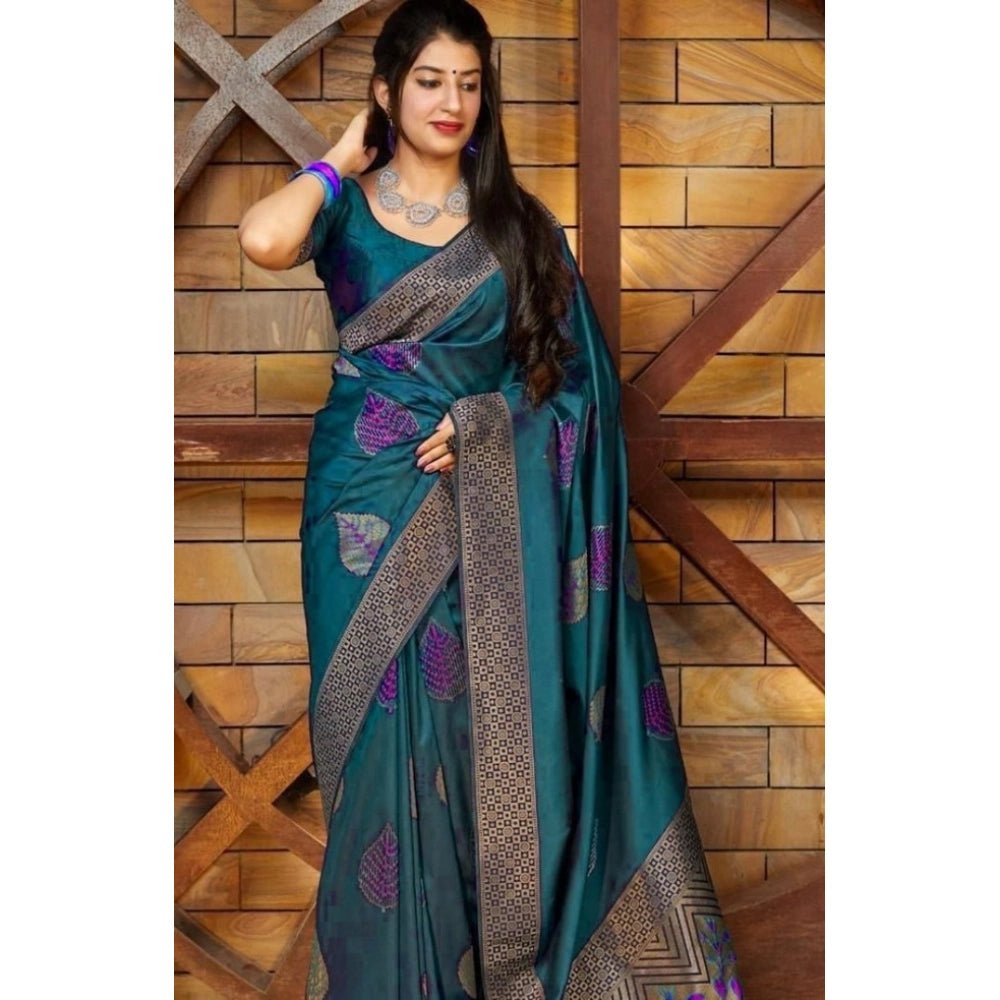 Vaystra Litchi silk Printed Saree With Unstitched Blouse – Rama Blue