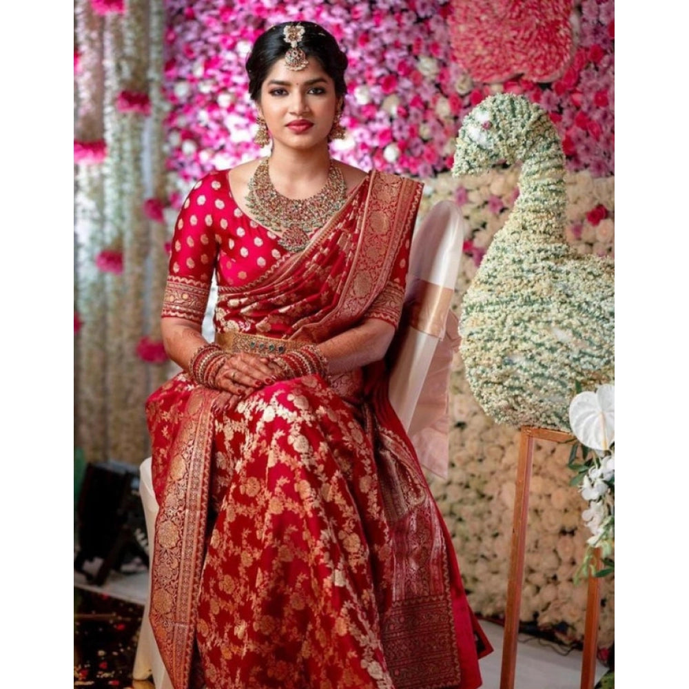 Vaystra Litchi silk Printed Saree With Unstitched Blouse – Red
