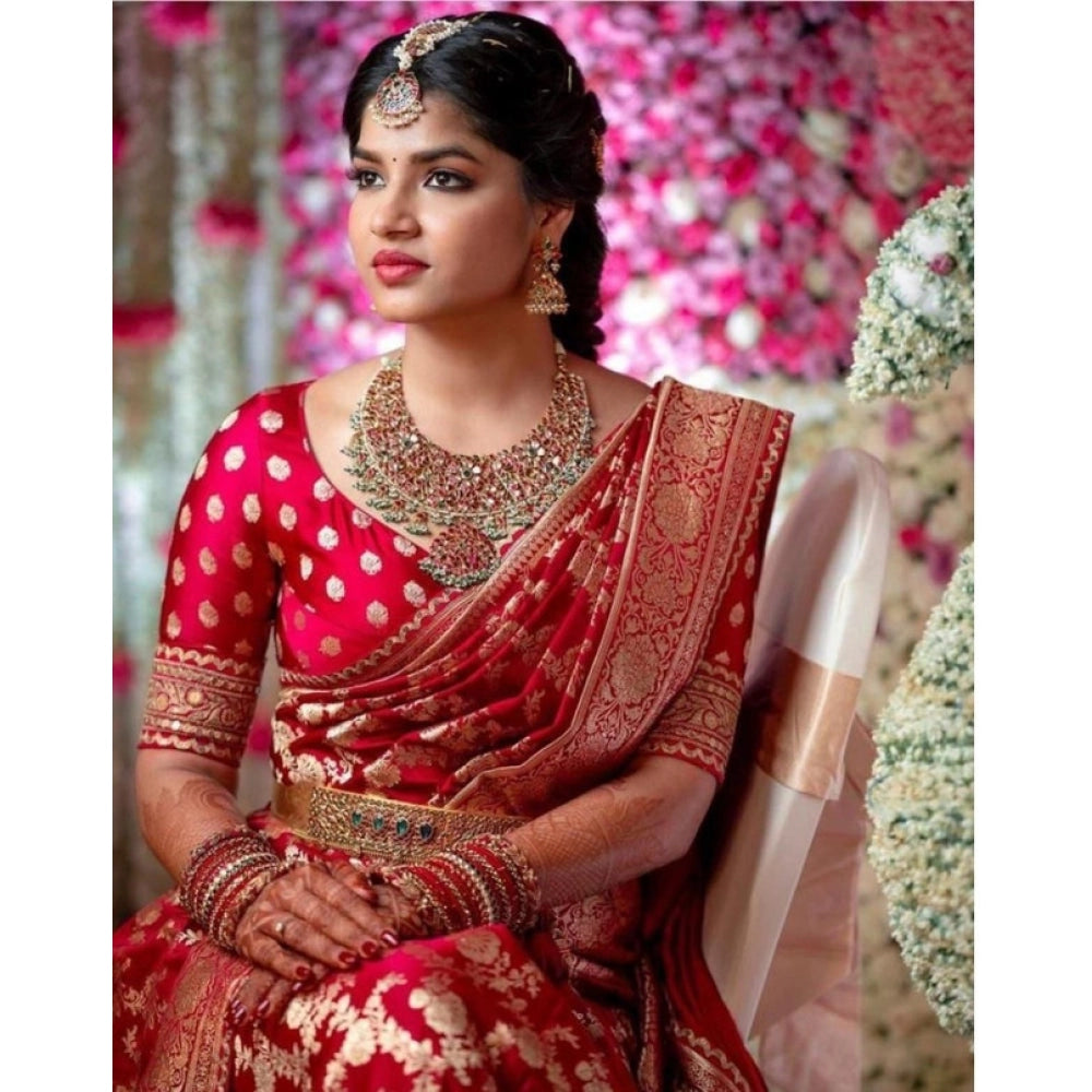 Vaystra Litchi silk Printed Saree With Unstitched Blouse – Red