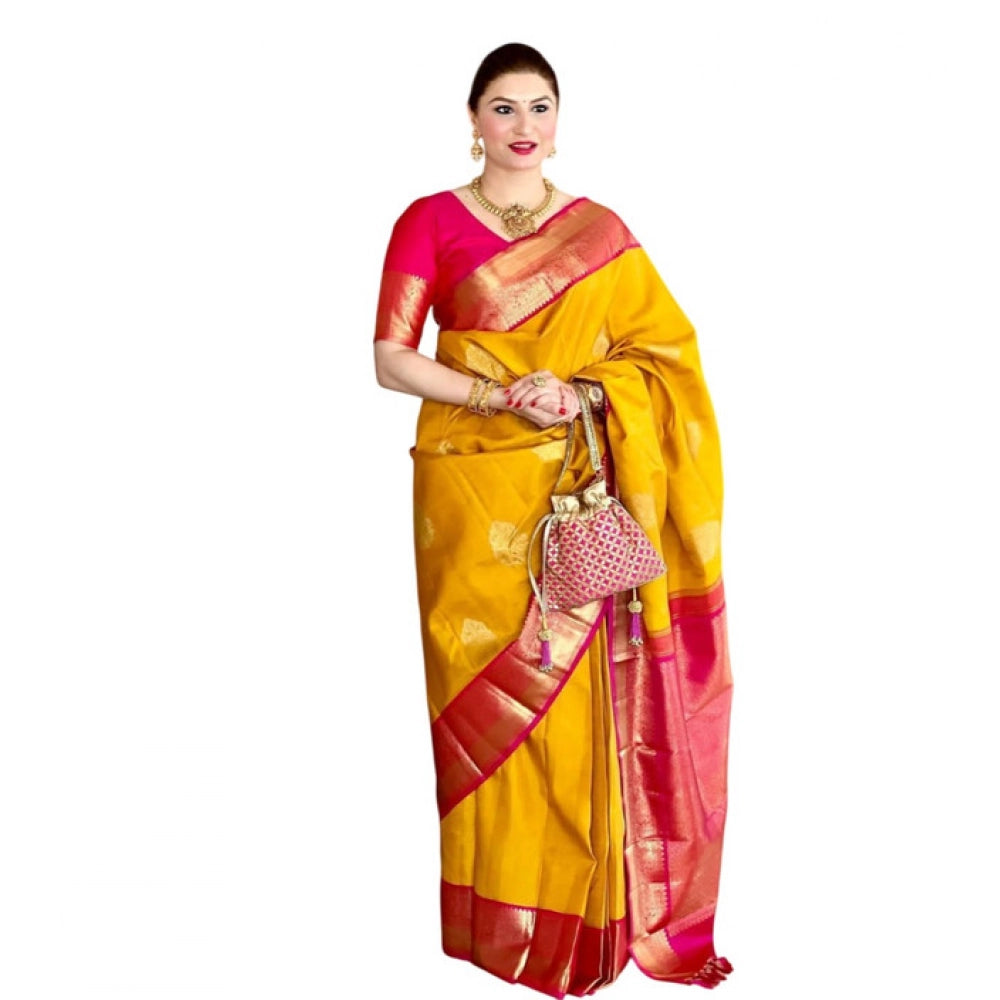Vaystra Litchi silk Printed Saree With Unstitched Blouse – Yellow