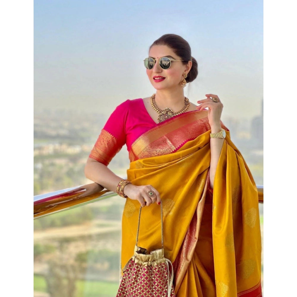 Vaystra Litchi silk Printed Saree With Unstitched Blouse – Yellow