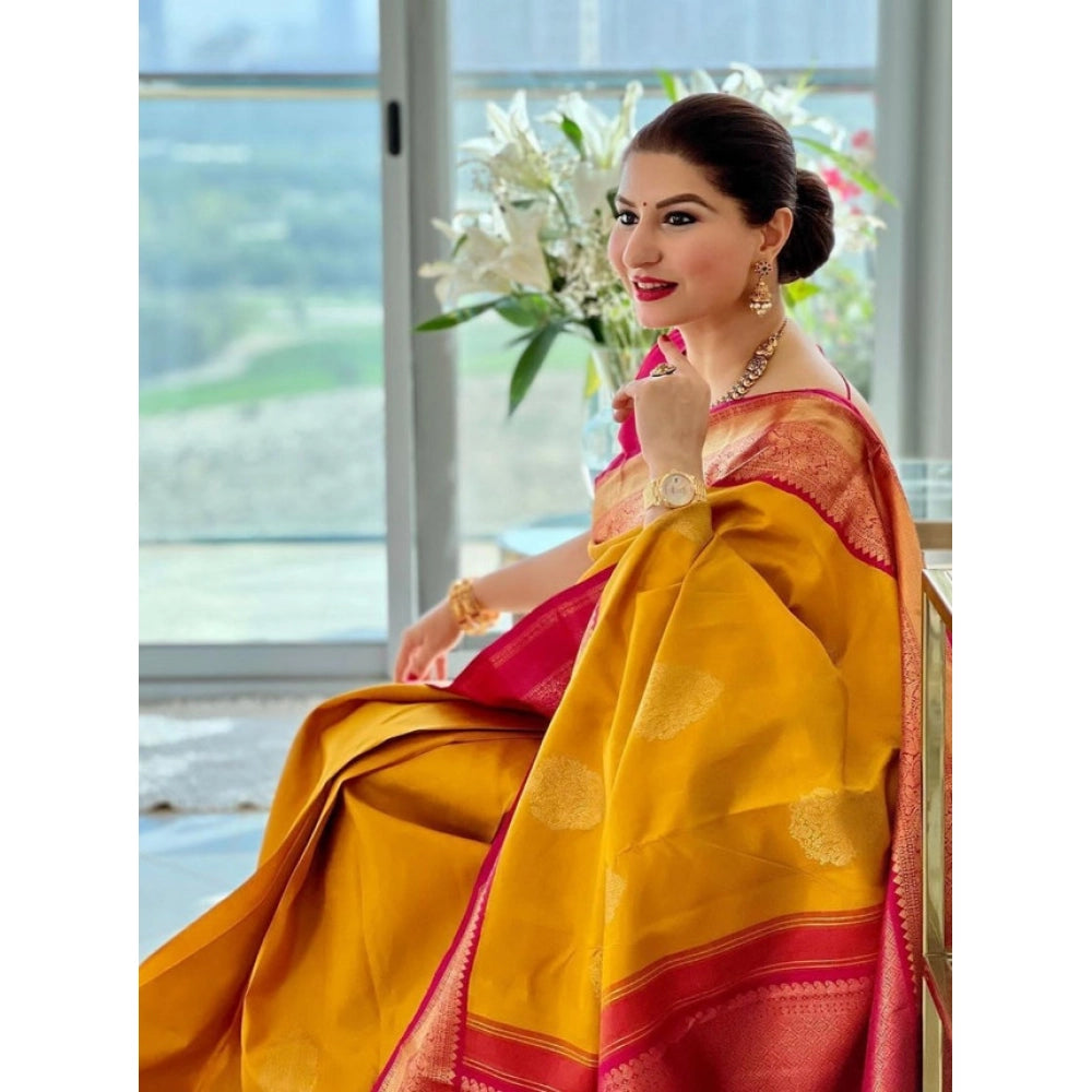 Vaystra Litchi silk Printed Saree With Unstitched Blouse – Yellow