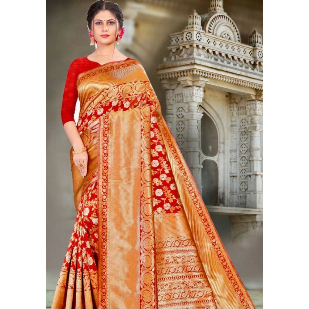 Vaystra Litchi silk Printed Saree With Unstitched Blouse – Red
