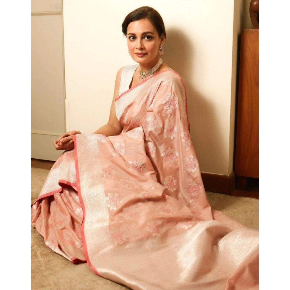 Vaystra Litchi silk Printed Saree With Unstitched Blouse – Peach