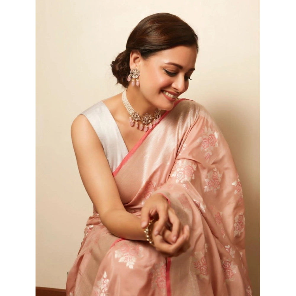Vaystra Litchi silk Printed Saree With Unstitched Blouse – Peach