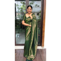 Vaystra Litchi silk Printed Saree With Unstitched Blouse – Green