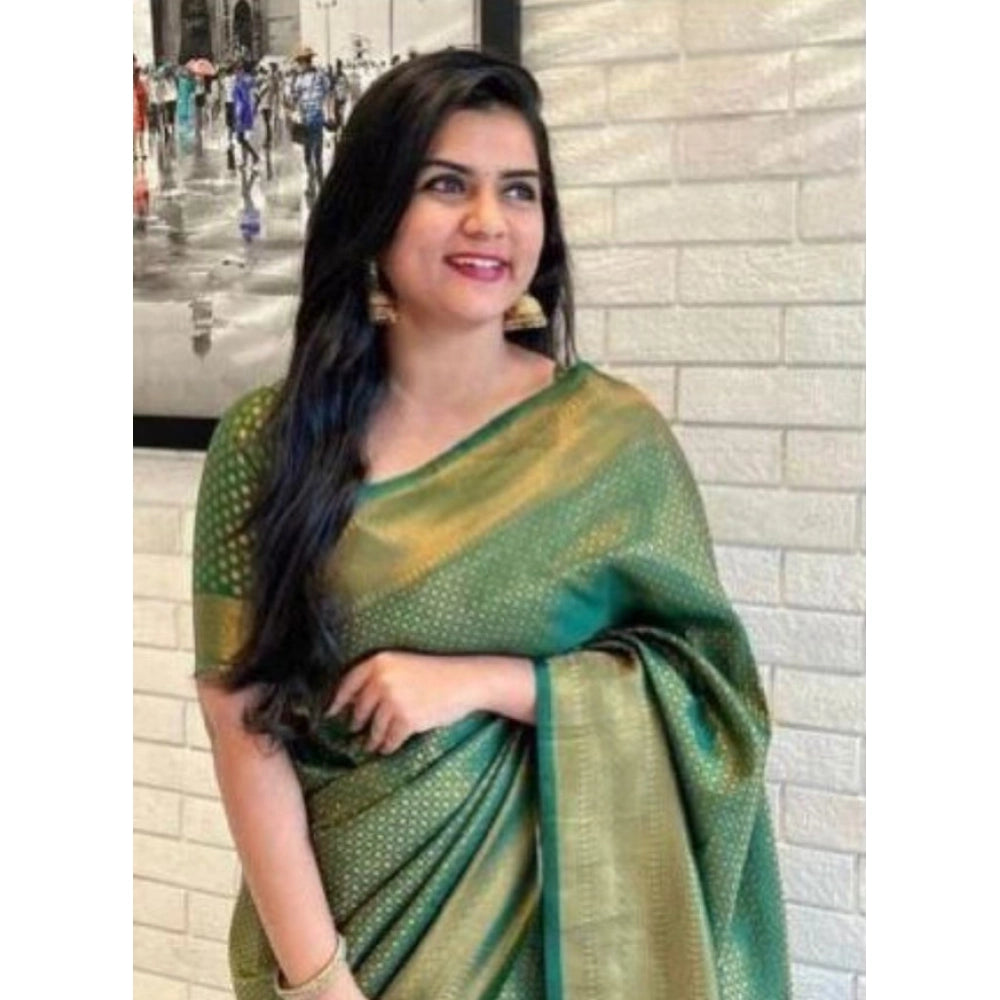 Vaystra Litchi silk Printed Saree With Unstitched Blouse – Green