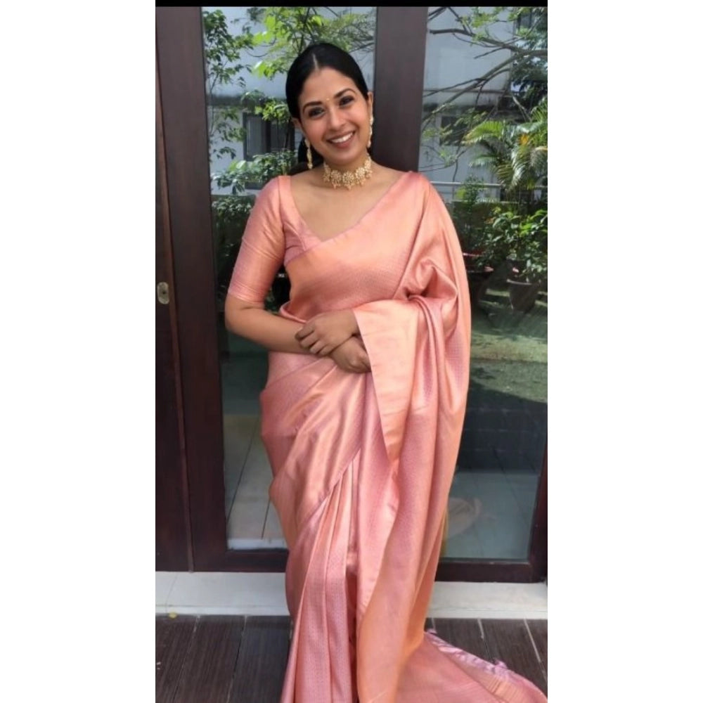 Vaystra Litchi silk Printed Saree With Unstitched Blouse – Peach