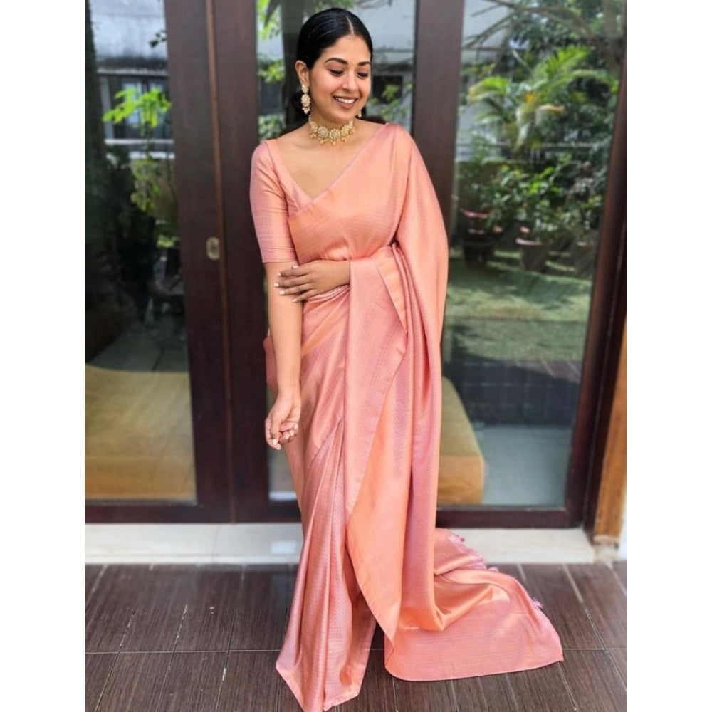 Vaystra Litchi silk Printed Saree With Unstitched Blouse – Peach