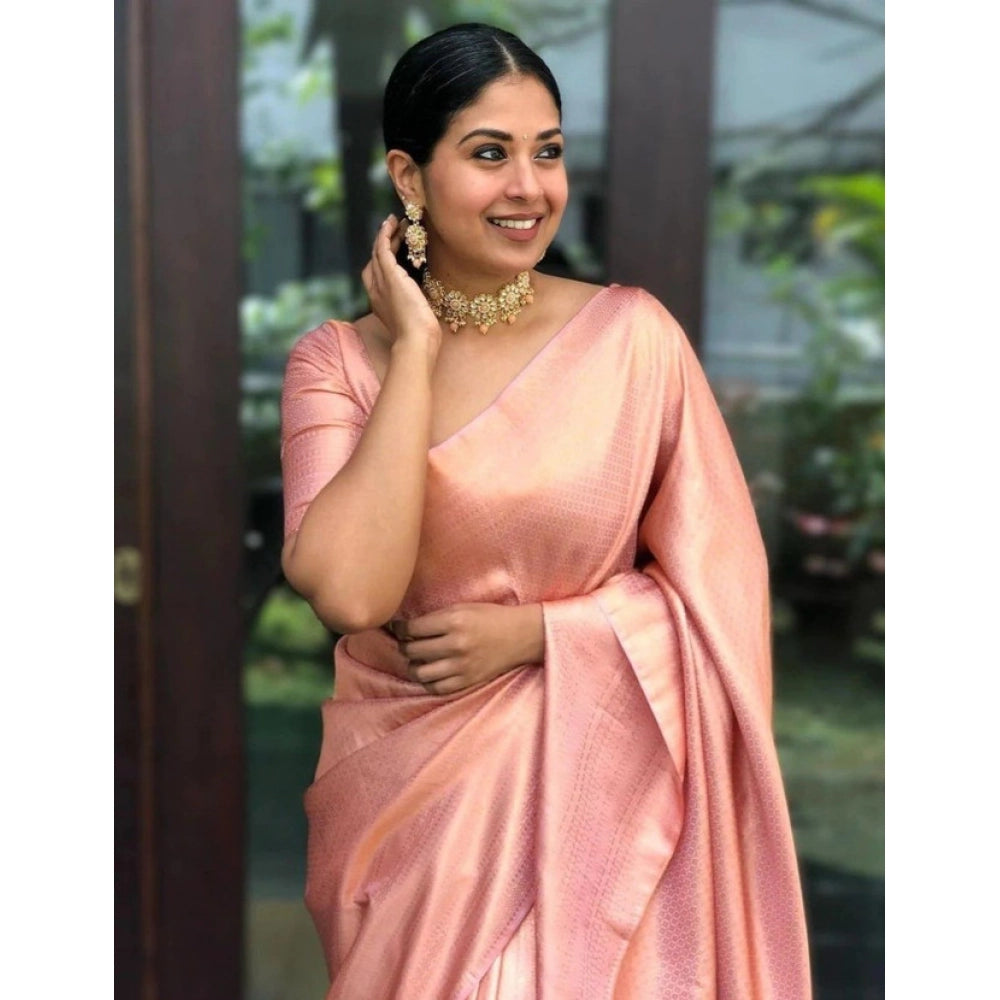 Vaystra Litchi silk Printed Saree With Unstitched Blouse – Peach