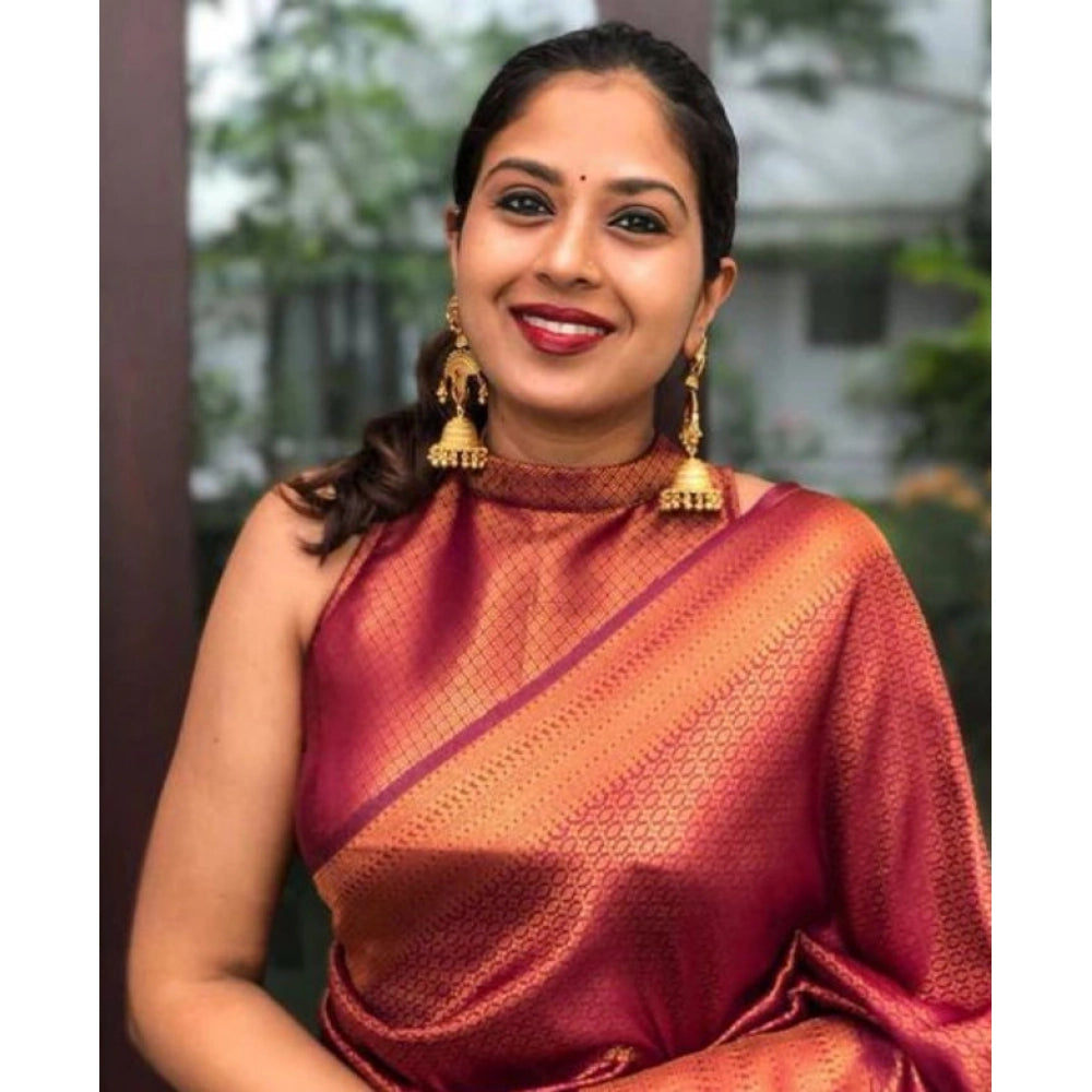 Vaystra Litchi silk Printed Saree With Unstitched Blouse – Red