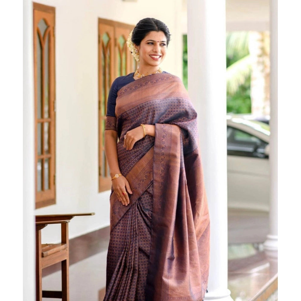 Vaystra Litchi silk Printed Saree With Unstitched Blouse – Navy Blue
