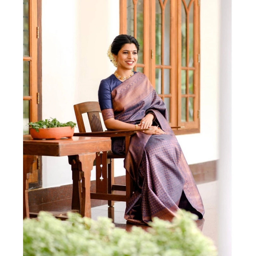 Vaystra Litchi silk Printed Saree With Unstitched Blouse – Navy Blue
