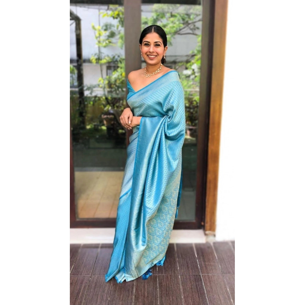 Vaystra Litchi silk Printed Saree With Unstitched Blouse – Sky Blue