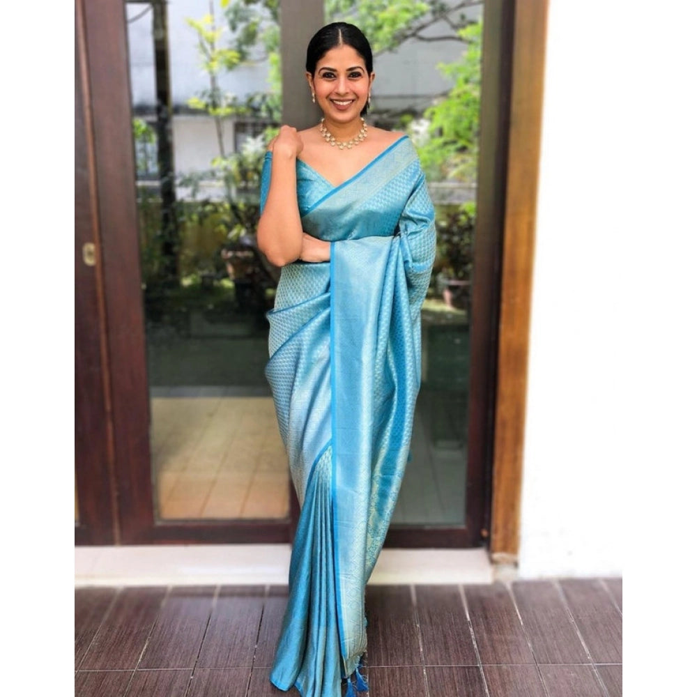 Vaystra Litchi silk Printed Saree With Unstitched Blouse – Sky Blue