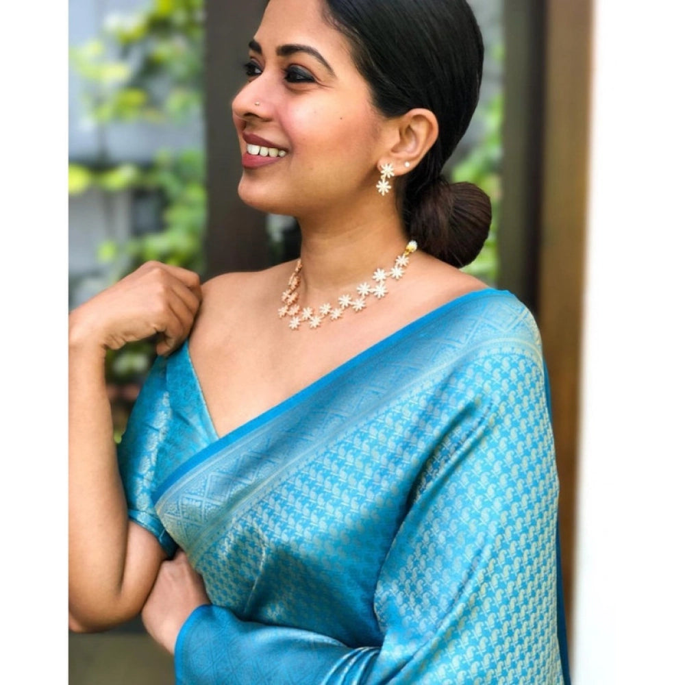 Vaystra Litchi silk Printed Saree With Unstitched Blouse – Sky Blue