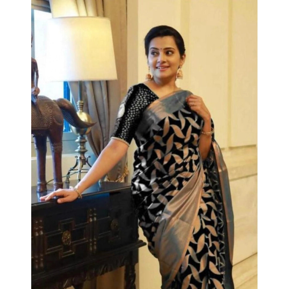 Vaystra Litchi silk Printed Saree With Unstitched Blouse – Black