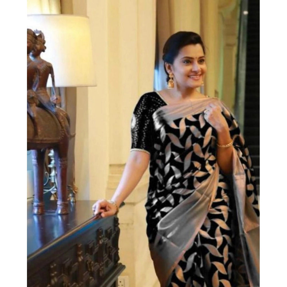 Vaystra Litchi silk Printed Saree With Unstitched Blouse – Black