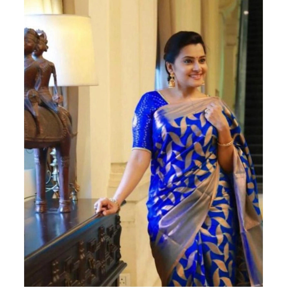 Vaystra Litchi silk Printed Saree With Unstitched Blouse – Blue