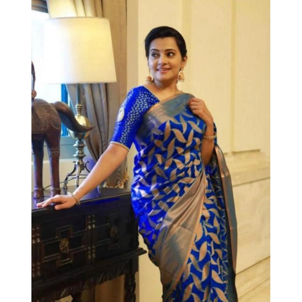 Vaystra Litchi silk Printed Saree With Unstitched Blouse – Blue