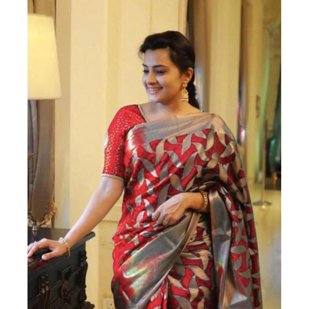 Vaystra Litchi silk Printed Saree With Unstitched Blouse – Red