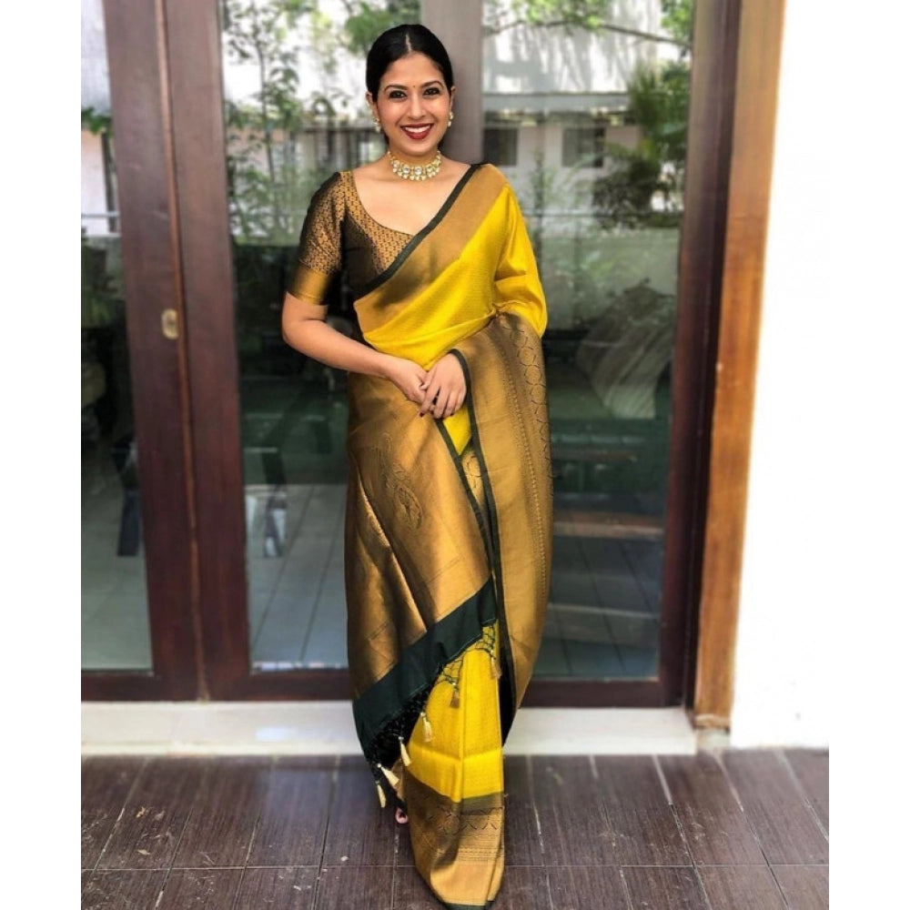 Vaystra Litchi silk Printed Saree With Unstitched Blouse – Yellow