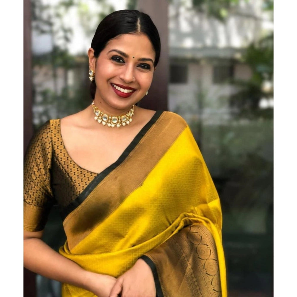 Vaystra Litchi silk Printed Saree With Unstitched Blouse – Yellow