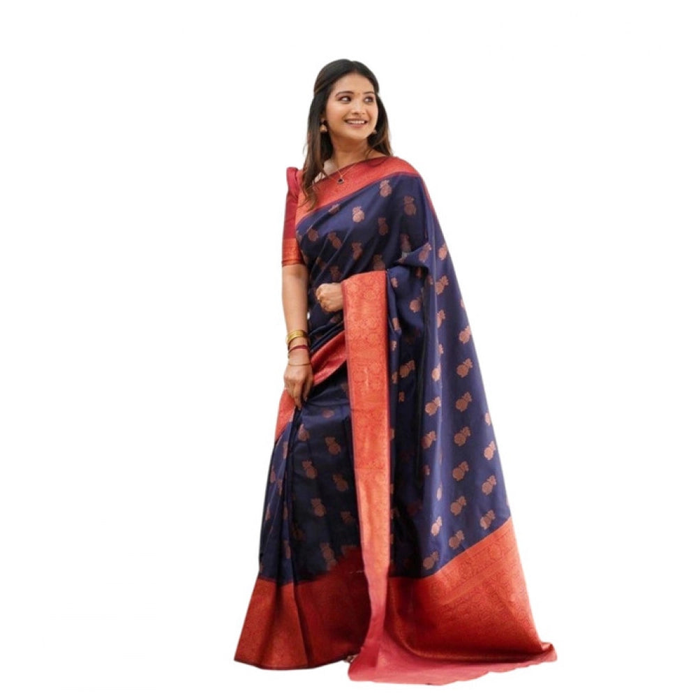 Vaystra Litchi silk Printed Saree With Unstitched Blouse – Blue