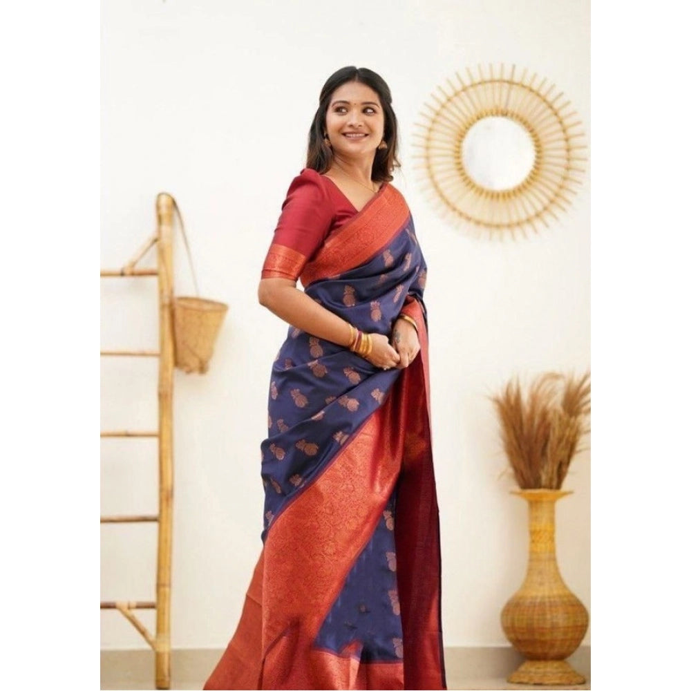 Vaystra Litchi silk Printed Saree With Unstitched Blouse – Blue