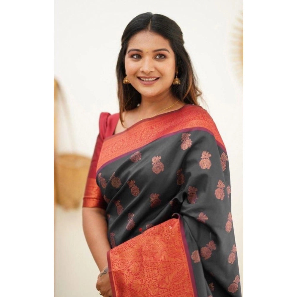 Vaystra Litchi silk Printed Saree With Unstitched Blouse – Grey