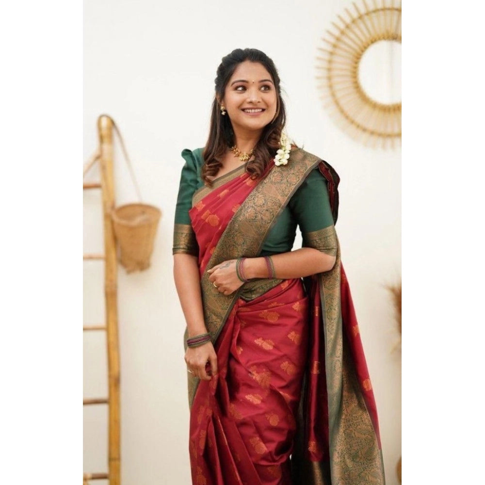 Vaystra Litchi silk Printed Saree With Unstitched Blouse – Red
