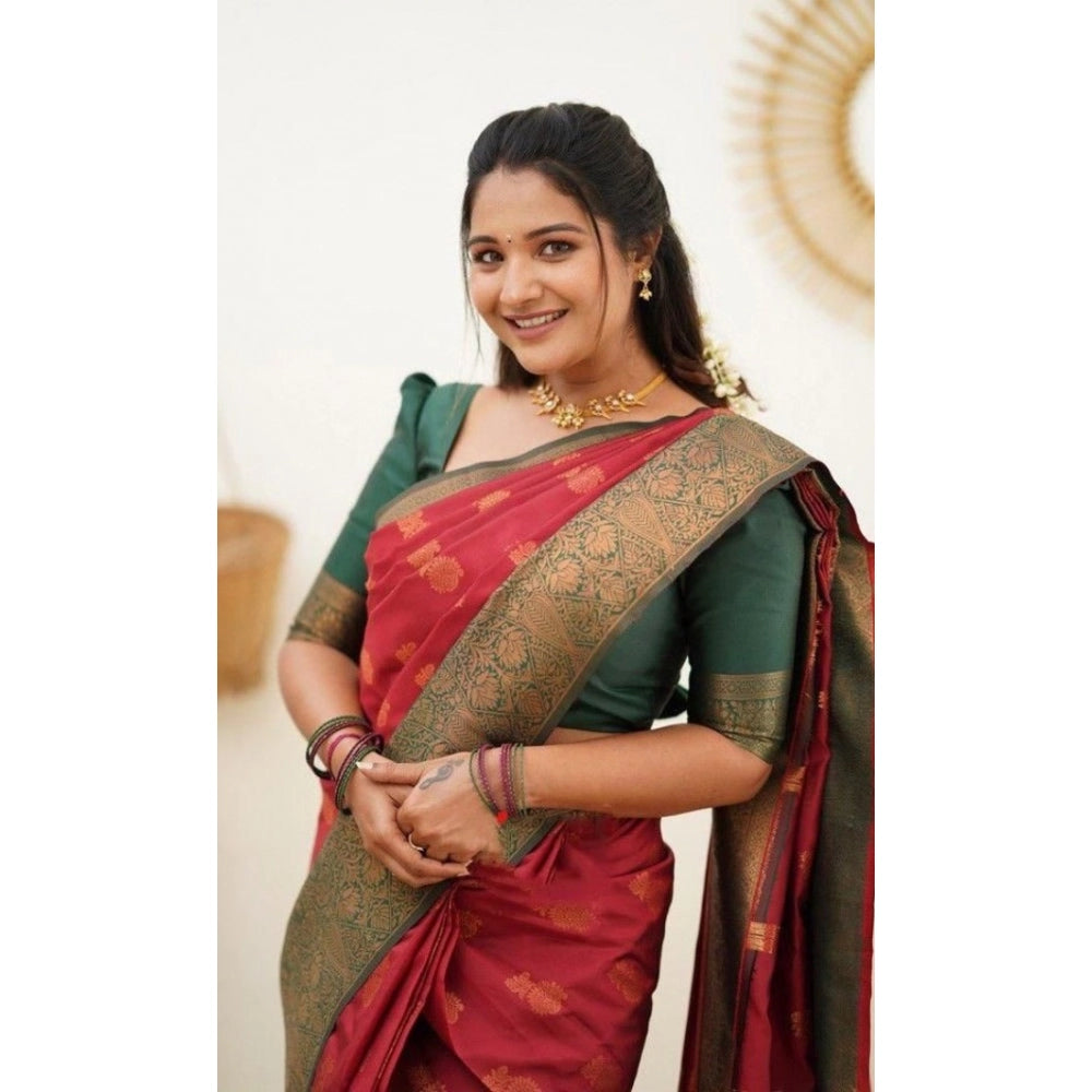 Vaystra Litchi silk Printed Saree With Unstitched Blouse – Red