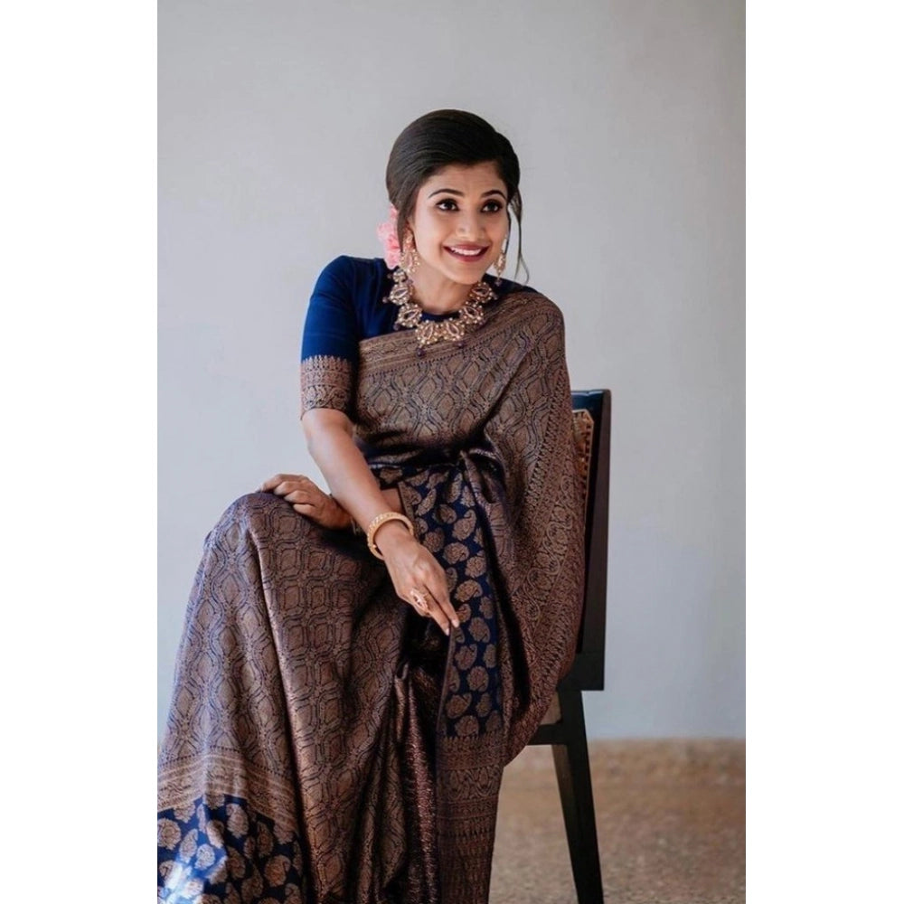 Vaystra Litchi silk Printed Saree With Unstitched Blouse – Blue