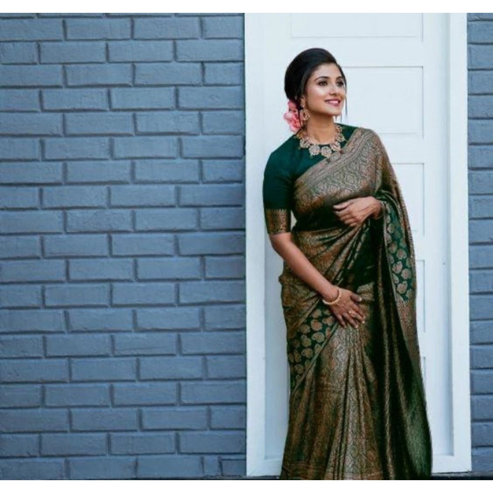 Vaystra Litchi silk Printed Saree With Unstitched Blouse – Green