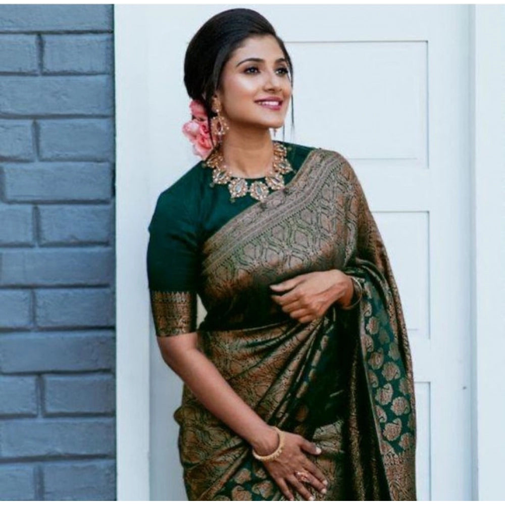 Vaystra Litchi silk Printed Saree With Unstitched Blouse – Green