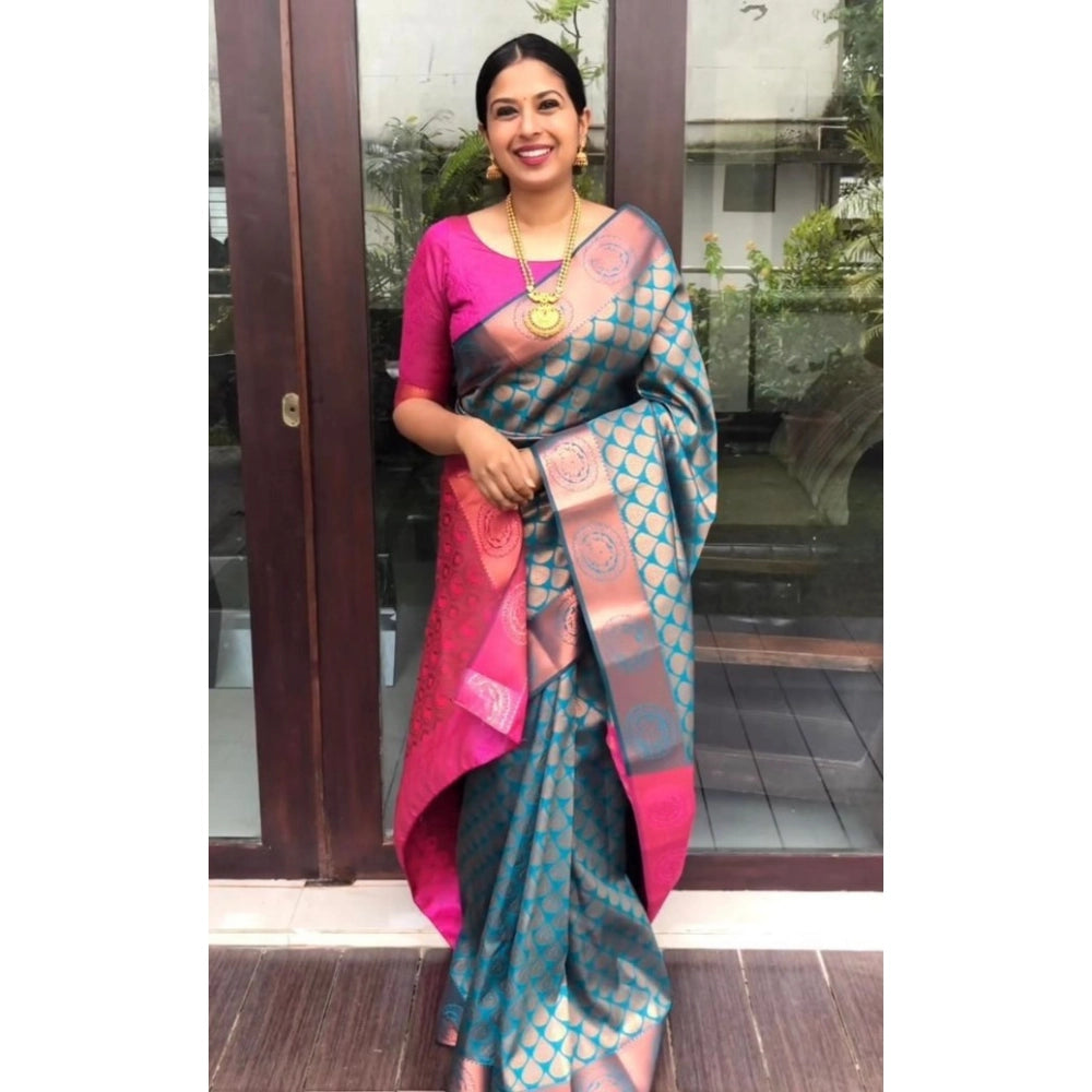 Vaystra Litchi silk Printed Saree With Unstitched Blouse – Blue