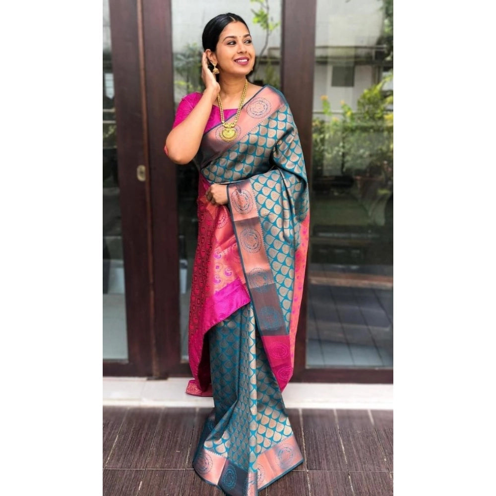 Vaystra Litchi silk Printed Saree With Unstitched Blouse – Blue