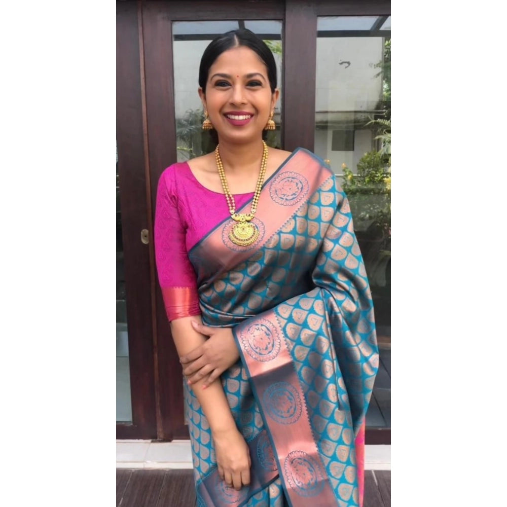 Vaystra Litchi silk Printed Saree With Unstitched Blouse – Blue