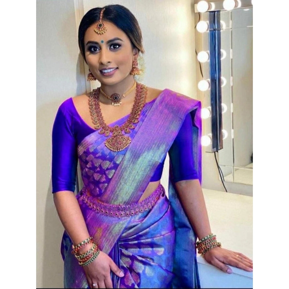 Vaystra Litchi silk Printed Saree With Unstitched Blouse – Blue