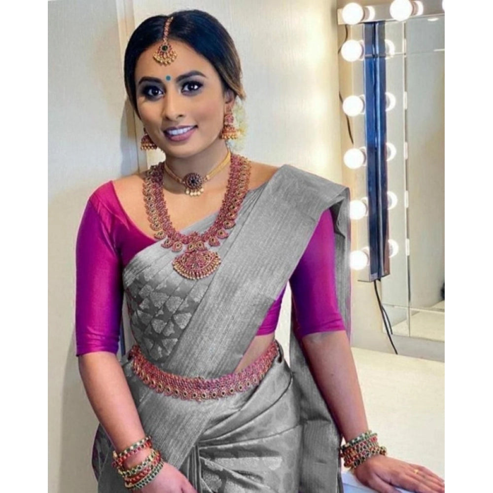Vaystra Litchi silk Printed Saree With Unstitched Blouse – Grey