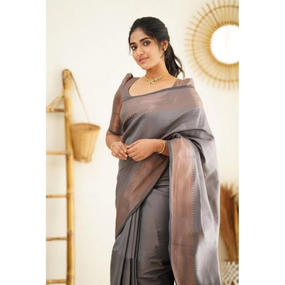 Vaystra Litchi silk Printed Saree With Unstitched Blouse – Grey