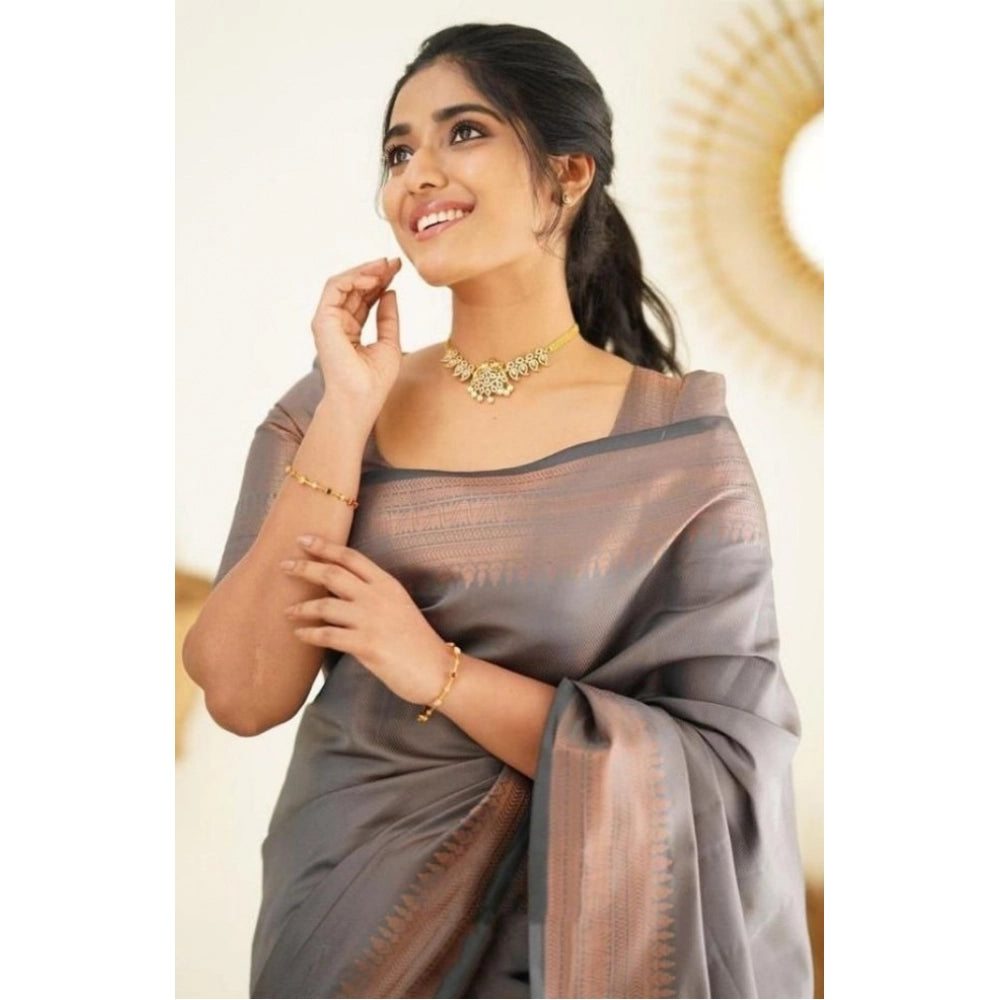 Vaystra Litchi silk Printed Saree With Unstitched Blouse – Grey