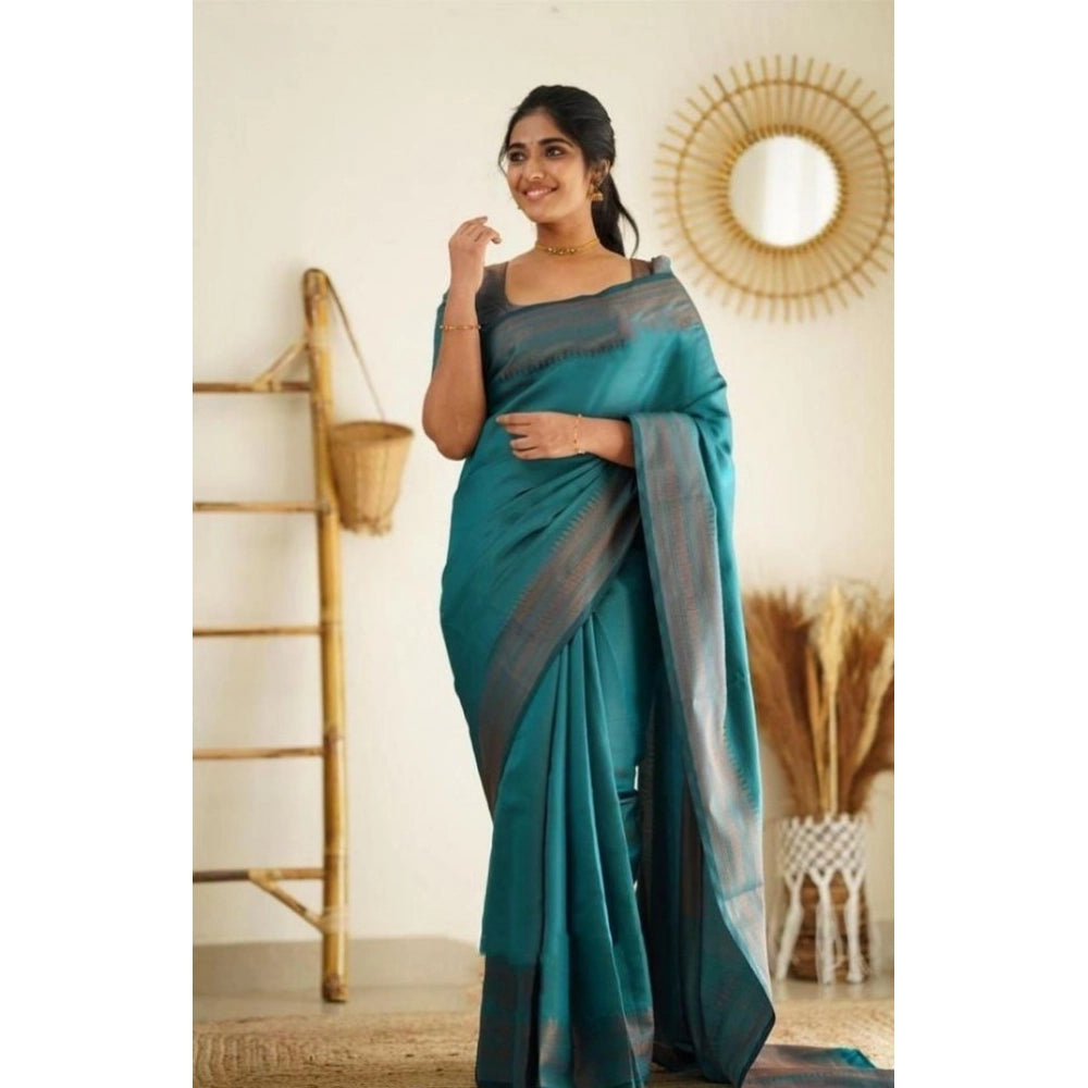 Vaystra Litchi silk Printed Saree With Unstitched Blouse – Rama Blue