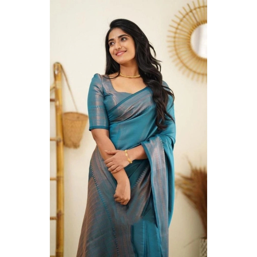 Vaystra Litchi silk Printed Saree With Unstitched Blouse – Rama Blue