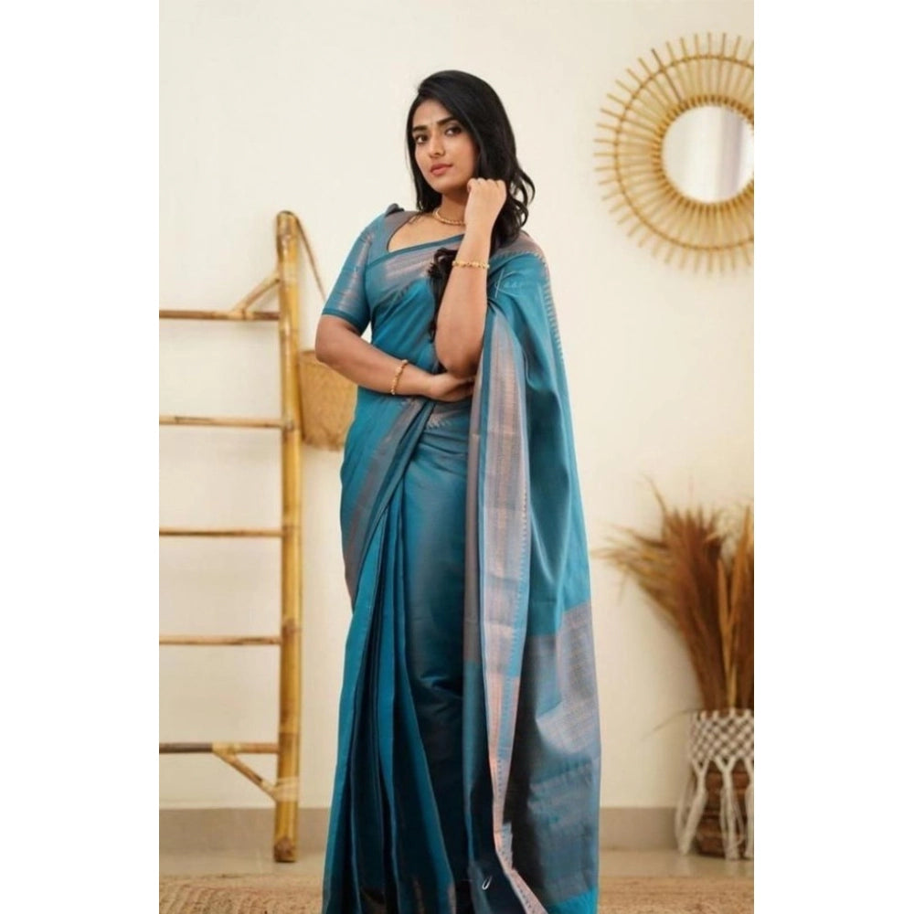 Vaystra Litchi silk Printed Saree With Unstitched Blouse – Rama Blue