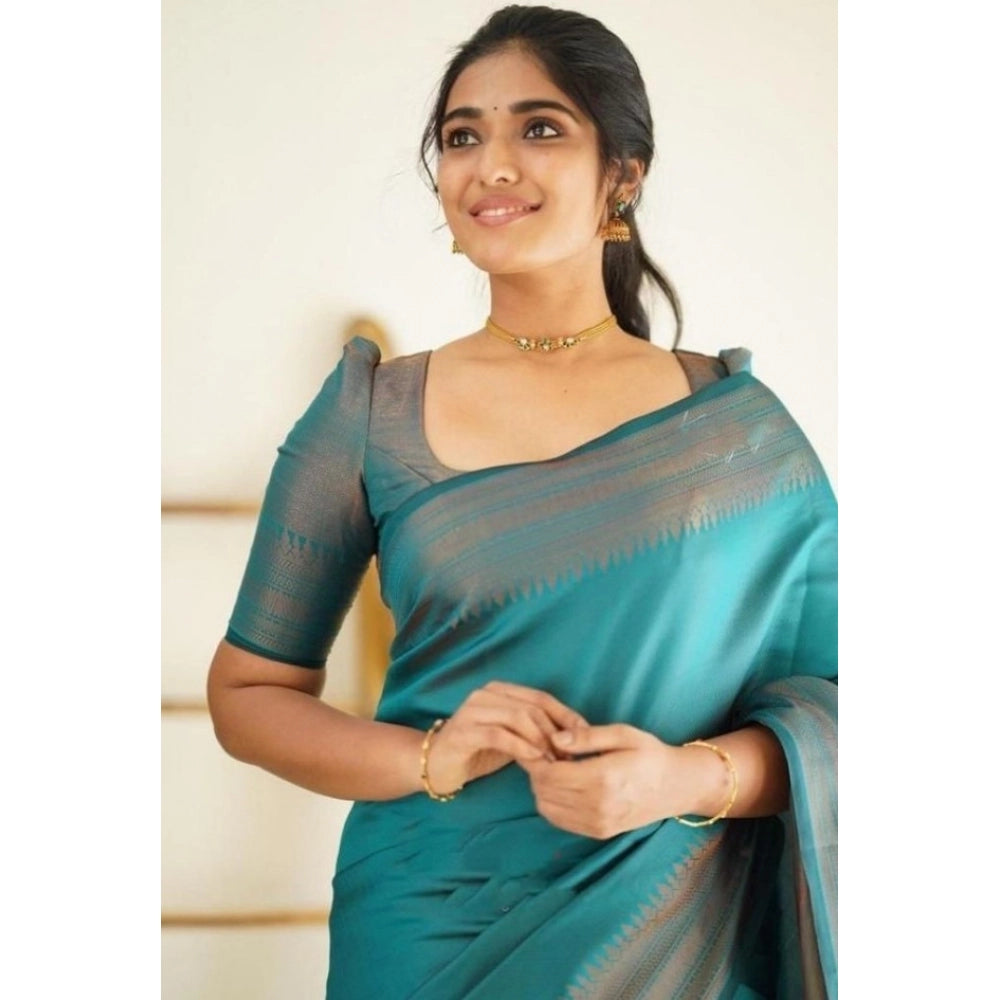 Vaystra Litchi silk Printed Saree With Unstitched Blouse – Rama Blue