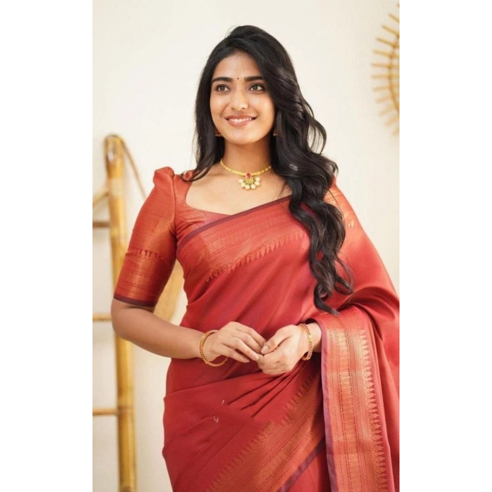 Vaystra Litchi silk Printed Saree With Unstitched Blouse – Red
