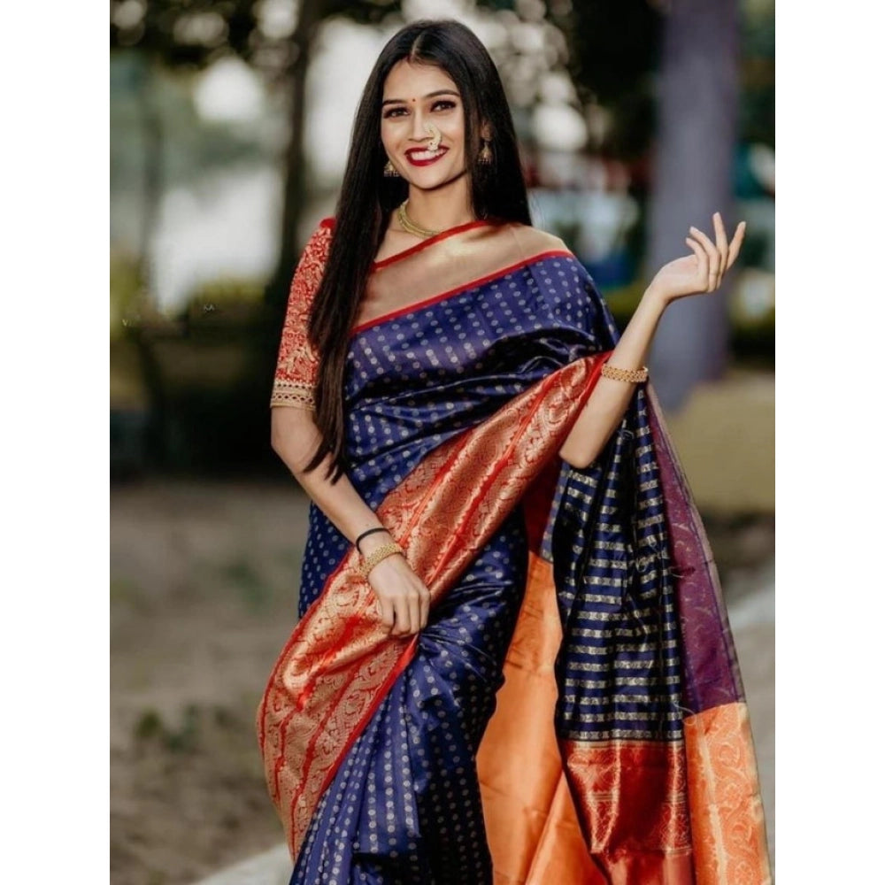 Vaystra Litchi silk Printed Saree With Unstitched Blouse – Blue