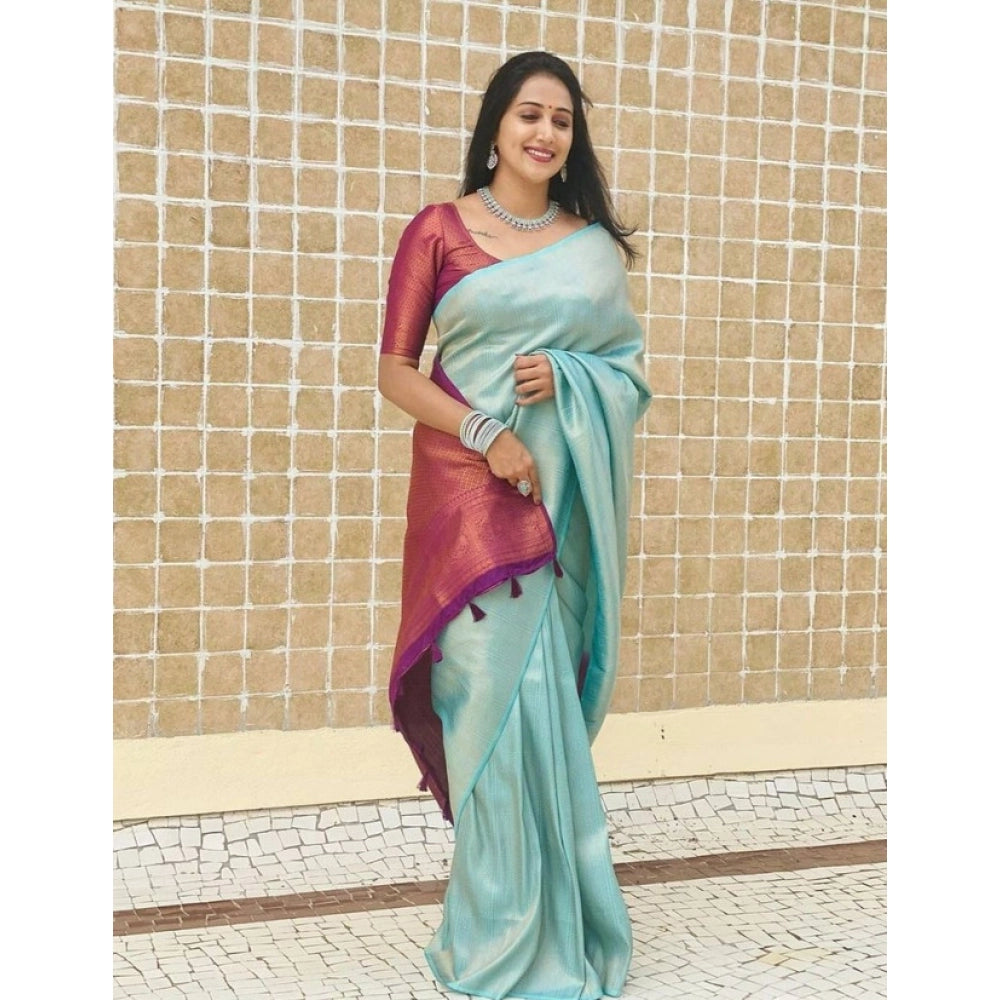 Vaystra Litchi silk Printed Saree With Unstitched Blouse – Blue