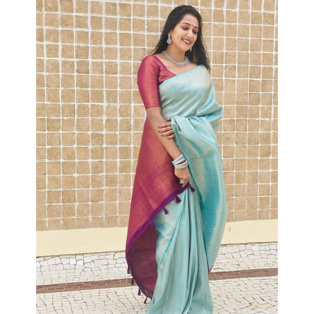 Vaystra Litchi silk Printed Saree With Unstitched Blouse – Blue